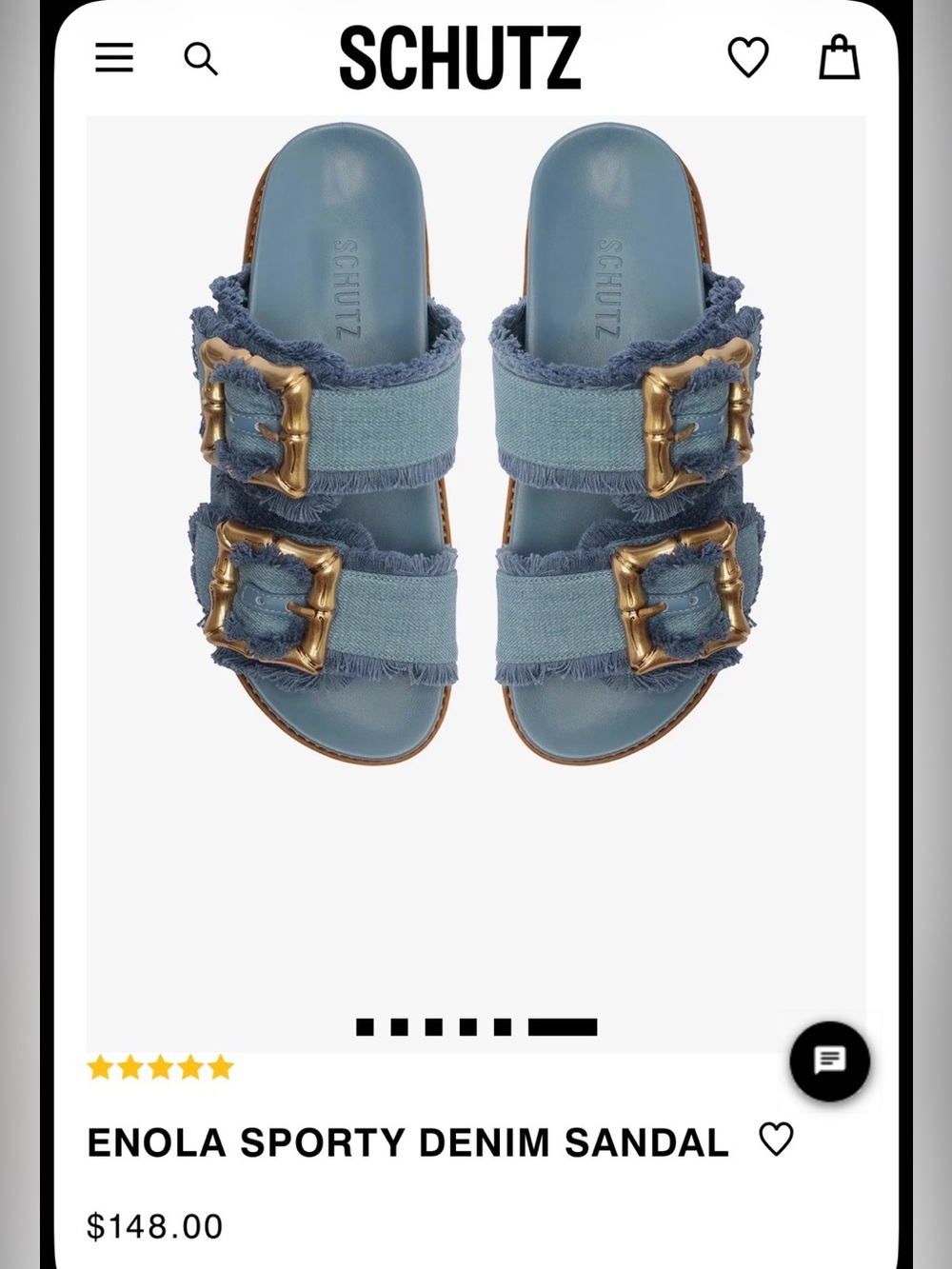 SCHUTZ Enola Denim Double-Buckle Sandal in Blue with Gold Buckles